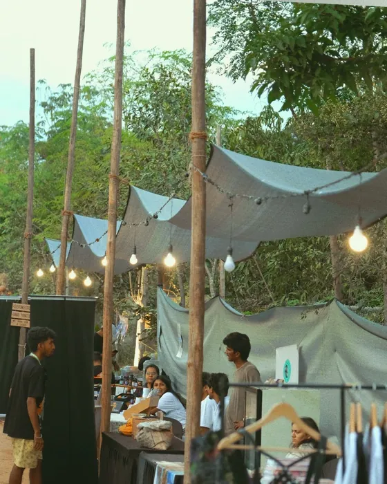 Vendor stalls under string lights