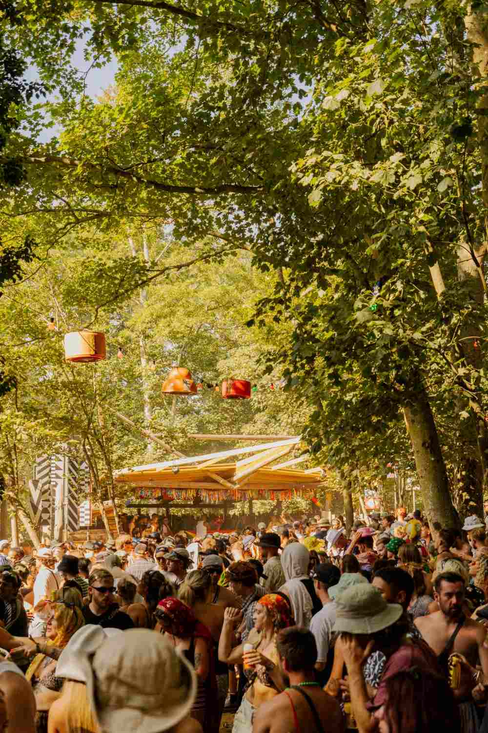 The crowd gathered under the trees