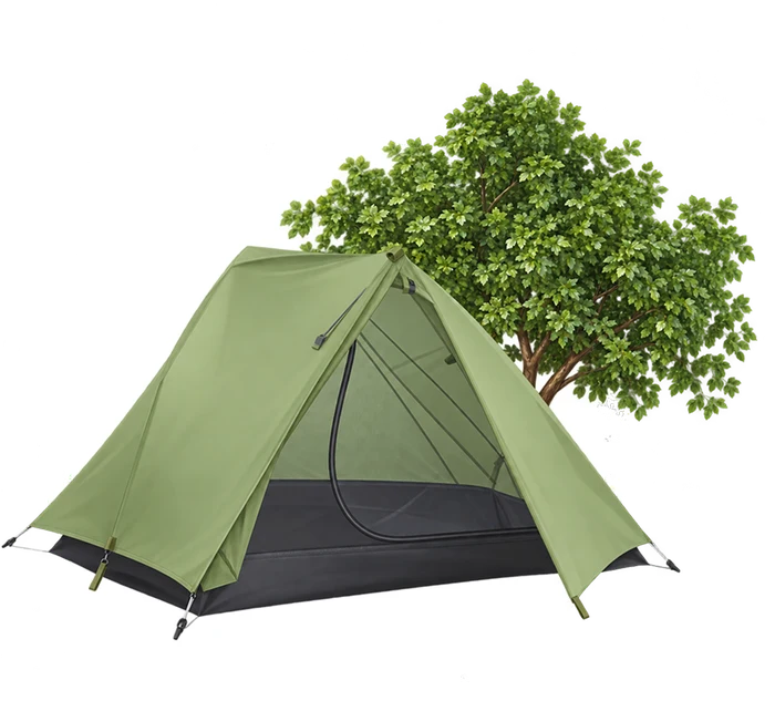 A green dome tent pitched beside a tree