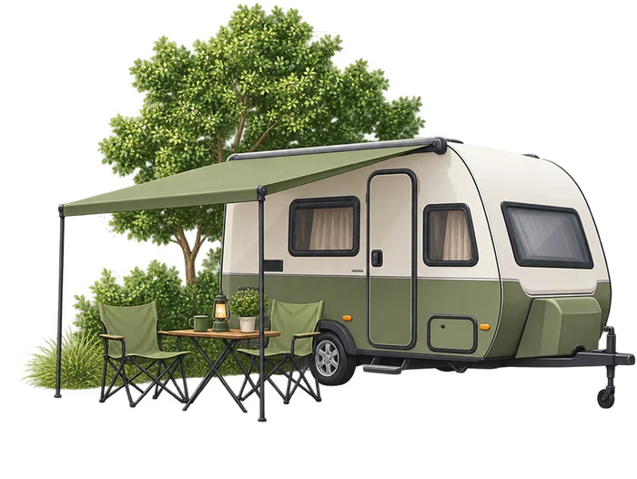 A caravan with its awning out over camp chairs and a table