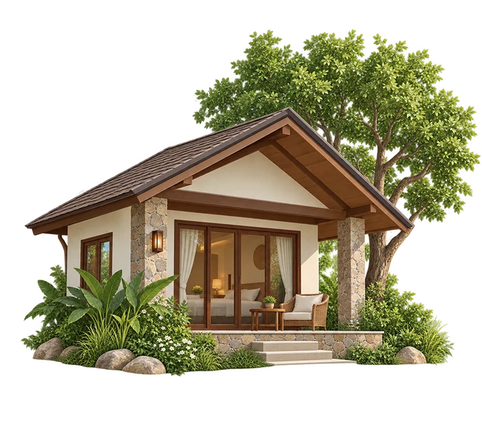 A stone and timber villa with a veranda, surrounded by planting